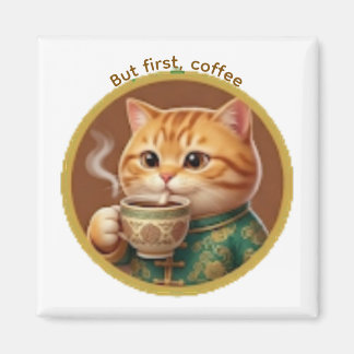 かわいいオレンジの猫が紅茶コーヒーを飲むマグネット マグネット