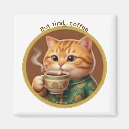 かわいいオレンジの猫が紅茶コーヒーを飲むマグネット マグネット (正面)
