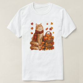 かわいいオレンジの猫の秋のマフラーとカボチャのバスケット Tシャツ