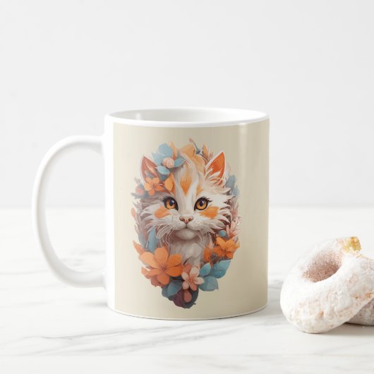 かわいいオレンジの花柄キティキャット コーヒーマグカップ (ドーナツ)