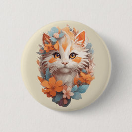 かわいいオレンジの花柄キティキャット 缶バッジ