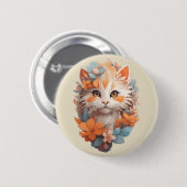 かわいいオレンジの花柄キティキャット 缶バッジ (正面&裏面)