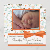 かわいいオレンジの花柄ベビーガールのお知らせ 案内状 (正面/裏面)