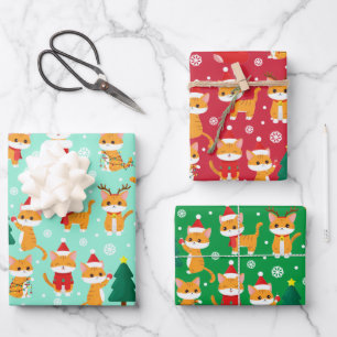 かわいいオレンジの虎猫クリスマスラッピング紙シート ラッピングペーパーシート