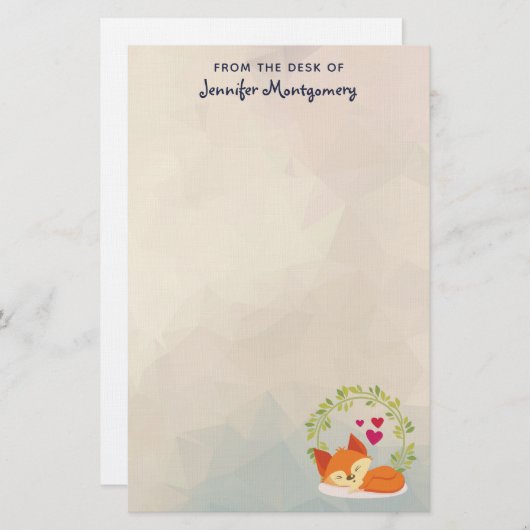 かわいいオレンジキツネとハートとグリーンリース 便箋 (正面/裏面)