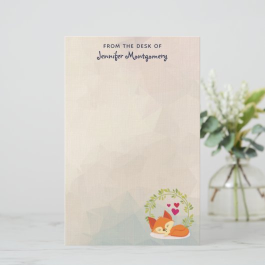 かわいいオレンジキツネとハートとグリーンリース 便箋 (スタンド正面)