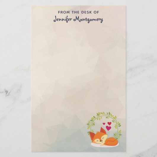 かわいいオレンジキツネとハートとグリーンリース 便箋 (正面)