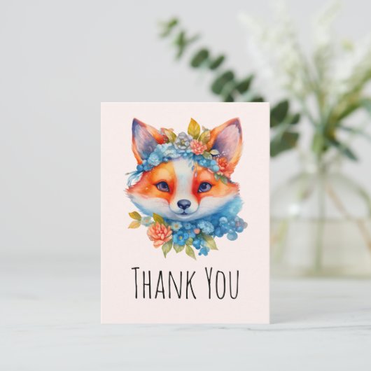 かわいいオレンジキツネとフローラクラウンありがとう ポストカード (スタンド正面)