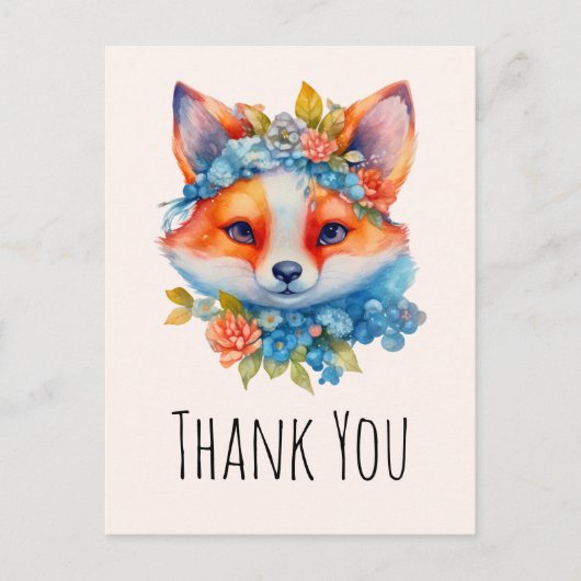 かわいいオレンジキツネとフローラクラウンありがとう ポストカード (正面)