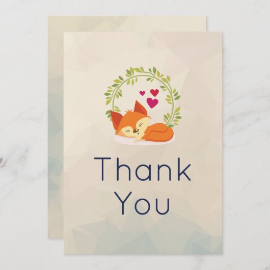 かわいいオレンジキツネとリースとハートありがとう サンキューカード (正面/裏面)