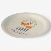 かわいいオレンジキツネとリースとハート誕生日 ペーパープレート (アングル)