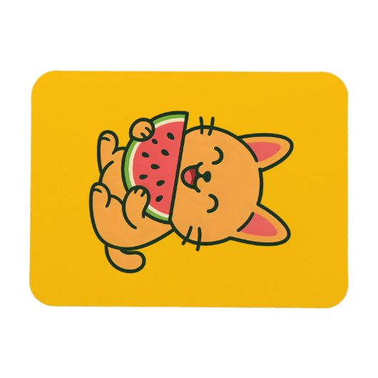 かわいいオレンジキャット食べのスイカ磁石 | おもしろいF マグネット (横)