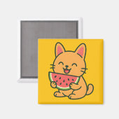 かわいいオレンジキャット食べのスイカ磁石 | おもしろいF マグネット (正面/裏面)