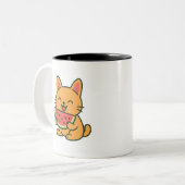 かわいいオレンジキャット食べのスイカ | かわいい漫画 ツートーンマグカップ (正面左)