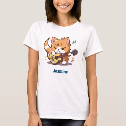 かわいいオレンジキャッ遊トのギター Tシャツ (正面)