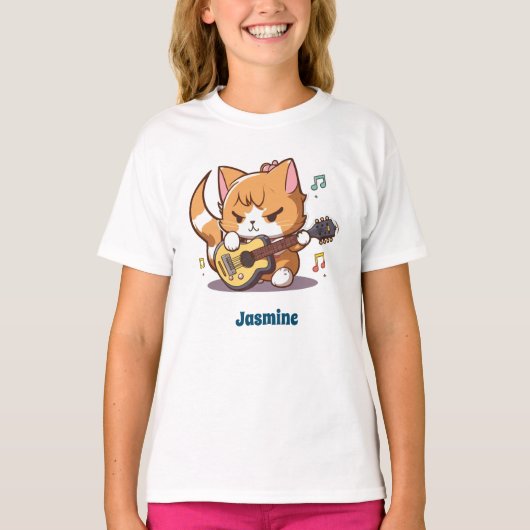 かわいいオレンジキャッ遊トのギター Tシャツ (正面)