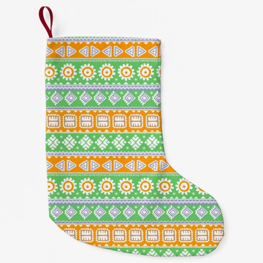 かわいいオレンジグリーンのエスニックパターン柄 スモールクリスマスストッキング (正面)