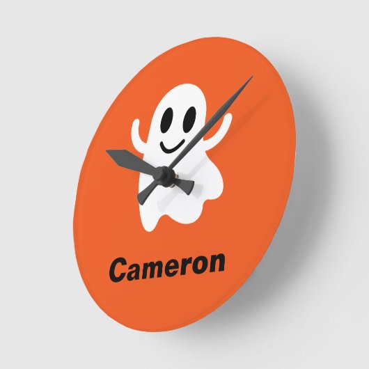 かわいいオレンジサークルニコニリングハロウィーン幽霊 ラウンド壁時計 (傾斜)