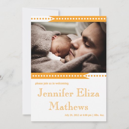 かわいいオレンジストライプの赤ちゃん女の子の発表 案内状 (正面)