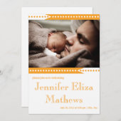 かわいいオレンジストライプの赤ちゃん女の子の発表 案内状 (正面/裏面)