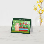 かわいいオレンジタビーキャットインガーデン猫好き誕生日 カード (黄色い花)