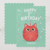 かわいいオレンジタビー猫の1歳の誕生日 | カスタマイズ可能 招待状 (正面/裏面)