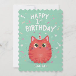 かわいいオレンジタビー猫の1歳の誕生日 | カスタマイズ可能 招待状