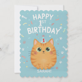 かわいいオレンジタビー猫の1歳の誕生日 | カスタマイズ可能 招待状