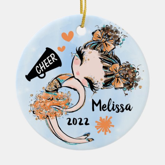 かわいいオレンジチアリーダガールオーナメントブラウンヘア セラミックオーナメント (正面)