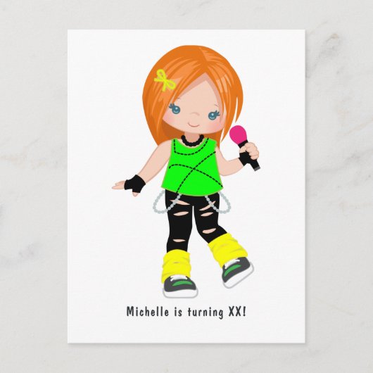 かわいいオレンジヘアのロックガール誕生日パーティー ポストカード (正面)