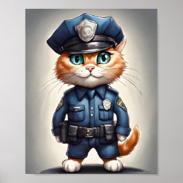 かわいいオレンジ猫in警察ユニフォーム水彩画 ポスター