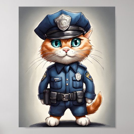 かわいいオレンジ猫in警察ユニフォーム水彩画 ポスター (正面)