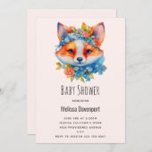 かわいいオレンジ色のキツネとフローラクラウン赤ちゃんシャワー 招待状 (正面/裏面)