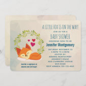 かわいいオレンジ色のキツネと緑のリースベビーシャワー 招待状 (正面/裏面)