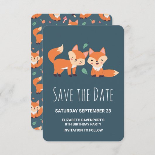 かわいいオレンジ色のキツネ誕生日日付を保存 セーブザデート (正面/裏面)