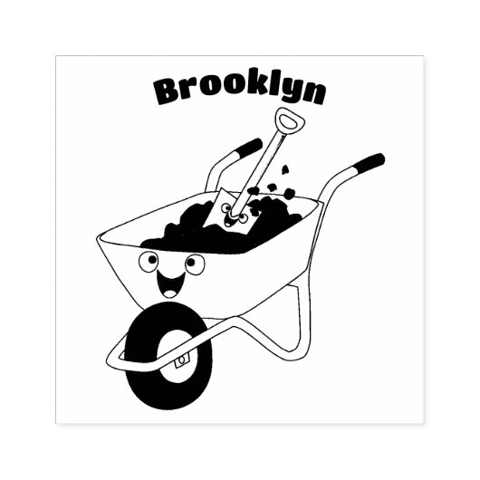 かわいいオレンジ色のシャベル付きの車輪付き道具箱の漫画イラスト ラバースタンプ (インプリント)