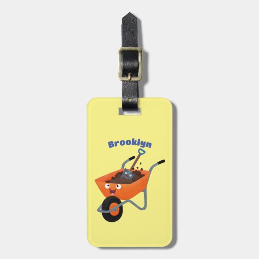 かわいいオレンジ色のシャベル付きトロリーバケットの漫画イラスト ラゲッジタグ (正面縦)