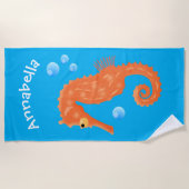 かわいいオレンジ色のシーホースの泡の漫画イラストレーション ビーチタオル (正面)