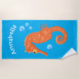 かわいいオレンジ色のシーホースの泡の漫画イラストレーション ビーチタオル