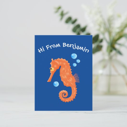 かわいいオレンジ色のシーホースの泡の漫画イラストレーション ポストカード (スタンド正面)