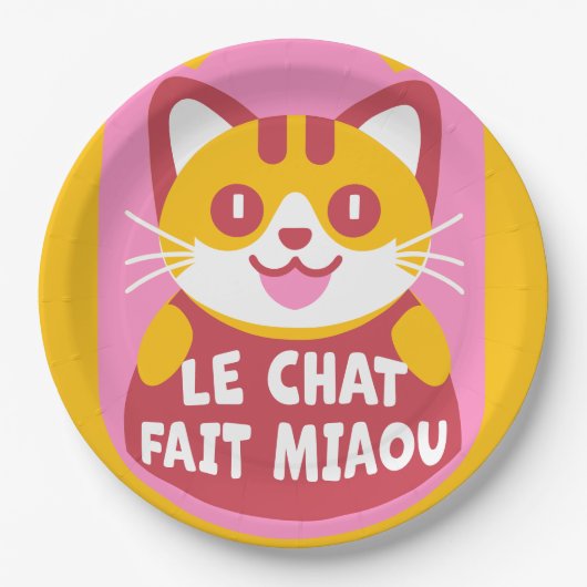 かわいいオレンジ色のタビー猫の漫画がニャーとフランスの鳴く ペーパープレート (正面)