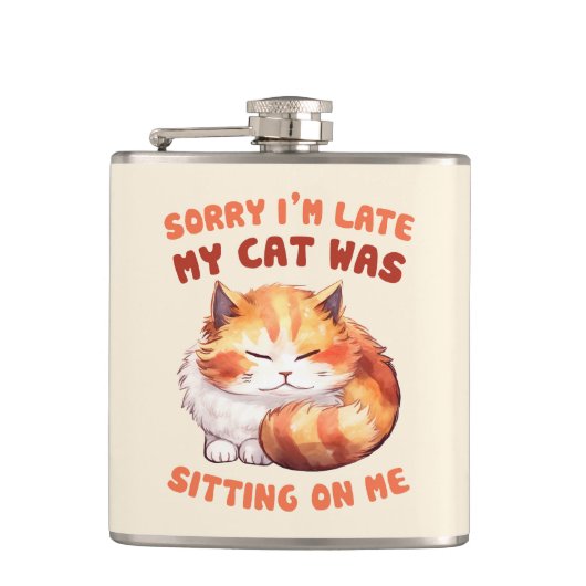 かわいいオレンジ色のタビー猫 – 遅れてごめんなさい フラスク (正面)