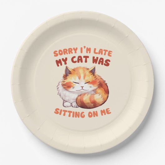 かわいいオレンジ色のタビー猫 – 遅れてごめんなさい ペーパープレート (正面)