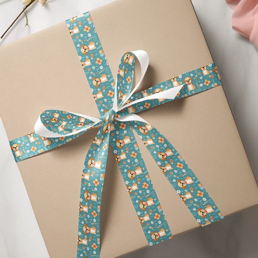 かわいいオレンジ色のティール(緑がかった色)子犬の花 サテンリボン