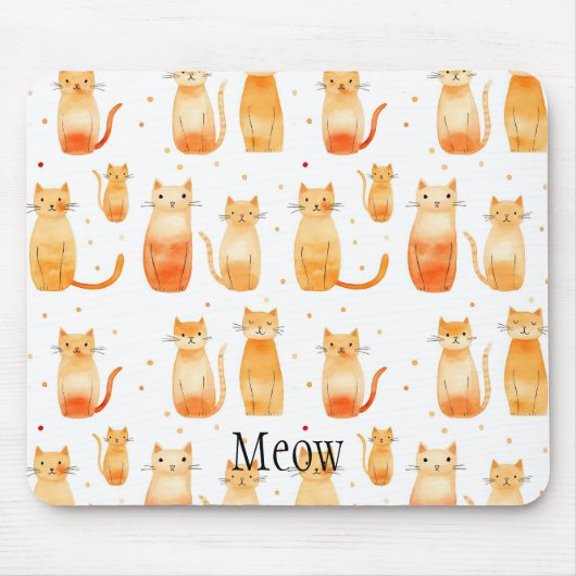 かわいいオレンジ色のドットと猫 マウスパッド (正面)