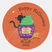 かわいいオレンジ色のハロウィンステッカー 黒猫付き ラウンドシール (正面)