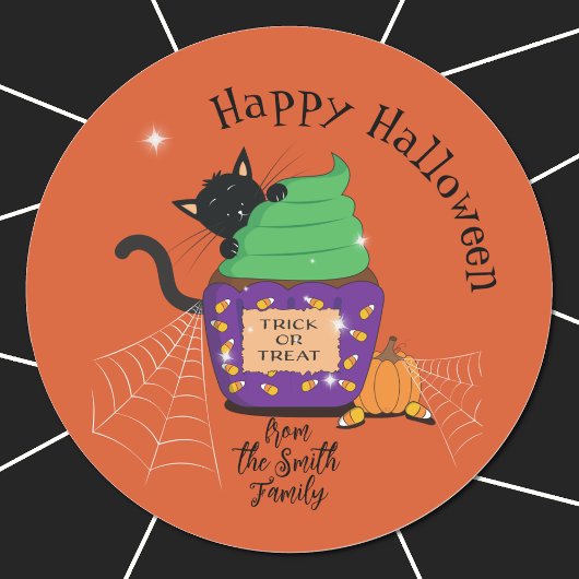 かわいいオレンジ色のハロウィンステッカー 黒猫付き ラウンドシール