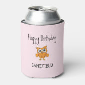 かわいいオレンジ色のフクロウお誕生日おめでとうピンク 缶クーラー (缶正面)
