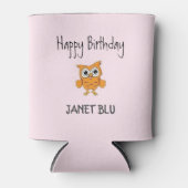 かわいいオレンジ色のフクロウお誕生日おめでとうピンク 缶クーラー (正面)