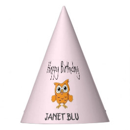 かわいいオレンジ色のフクロウ　ピンクでお誕生日おめでとう パーティーハット